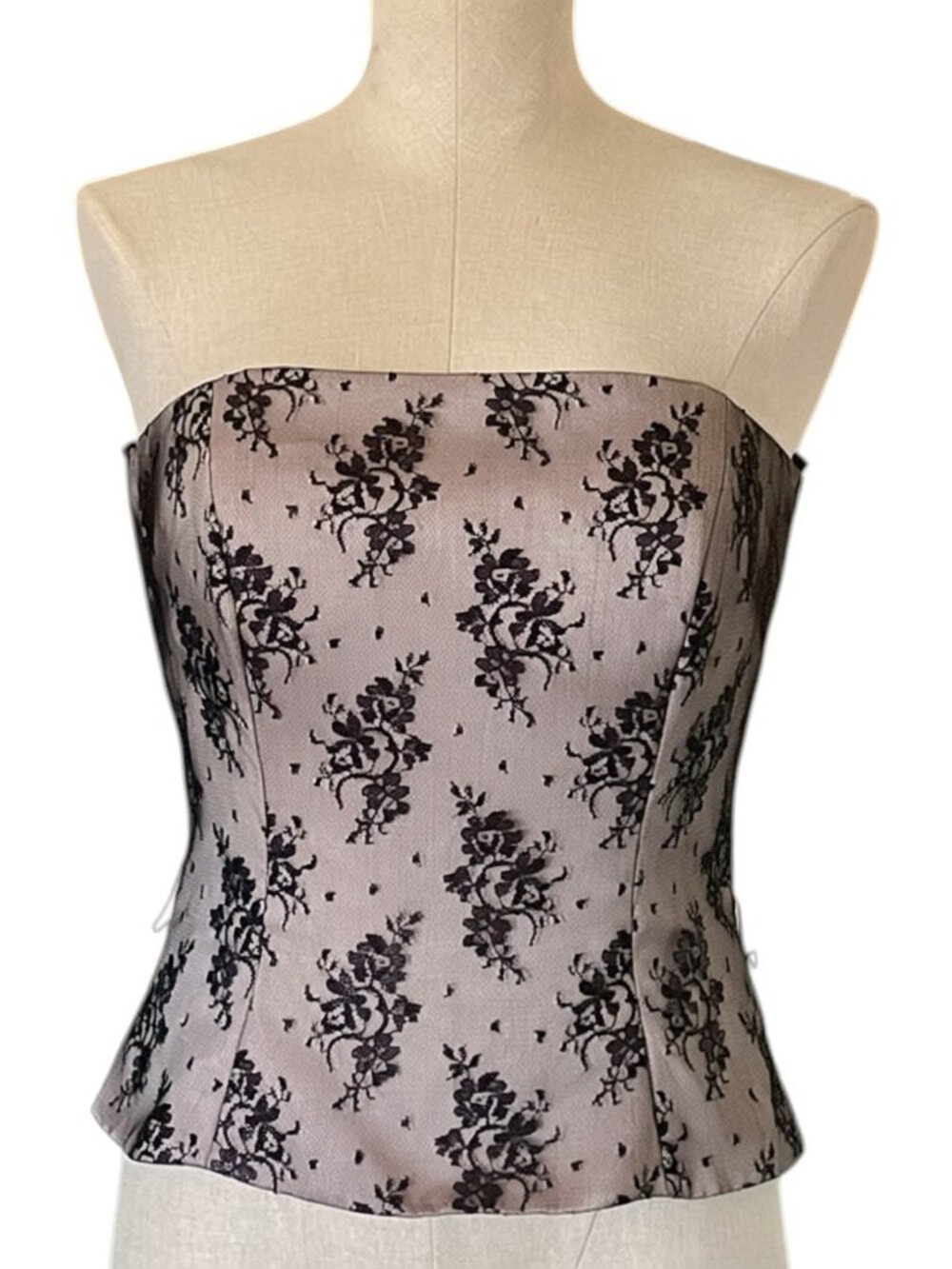 Vintage Y2K Satin & Lace Bustier Top – Black Floral Overlay – Est. Size Medium